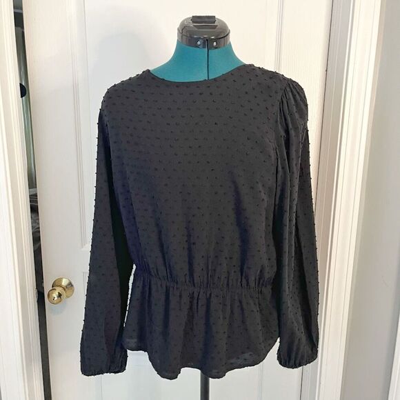 GAP Crew Neck Polka Dot Textured Long Sleeve Lined Peplum True Black Blouse - Picture 1 of 13